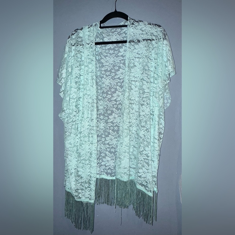 Mint Lace Fringe Kimono - Picture 2 of 3